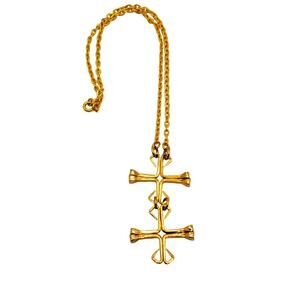 Brutalist Cross Pendant Necklace Gold Tone Chain Horse Nail Christian Religious